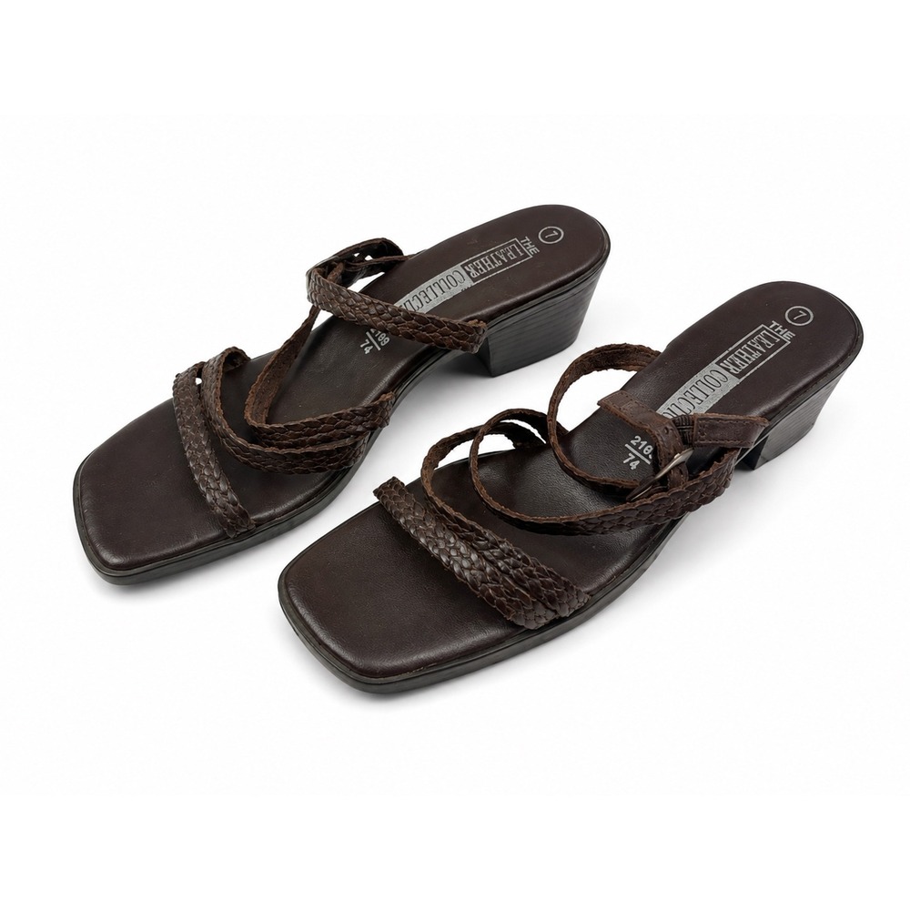 The Leather Collection Brown Leather Braided Slide Sandals Women's Size 7